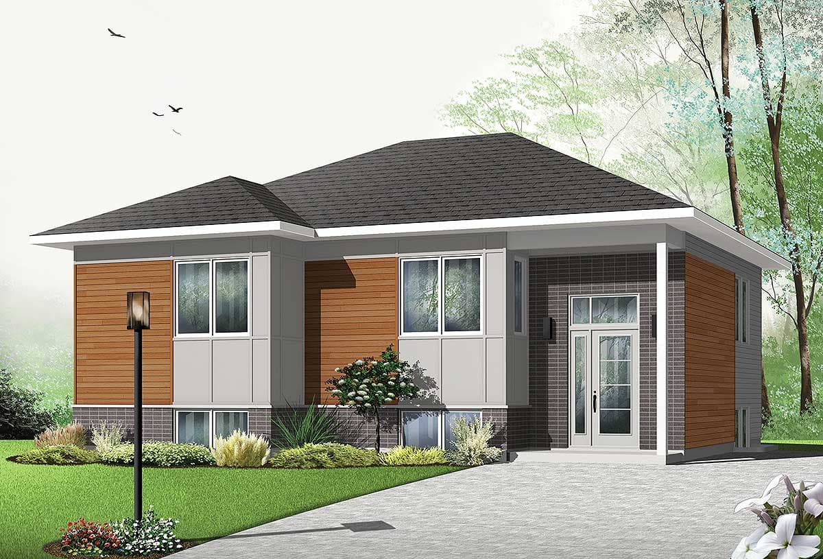 House plan exterior: two-story Modern style with mixed materials, hip roof, and prominent covered entry with double doors.