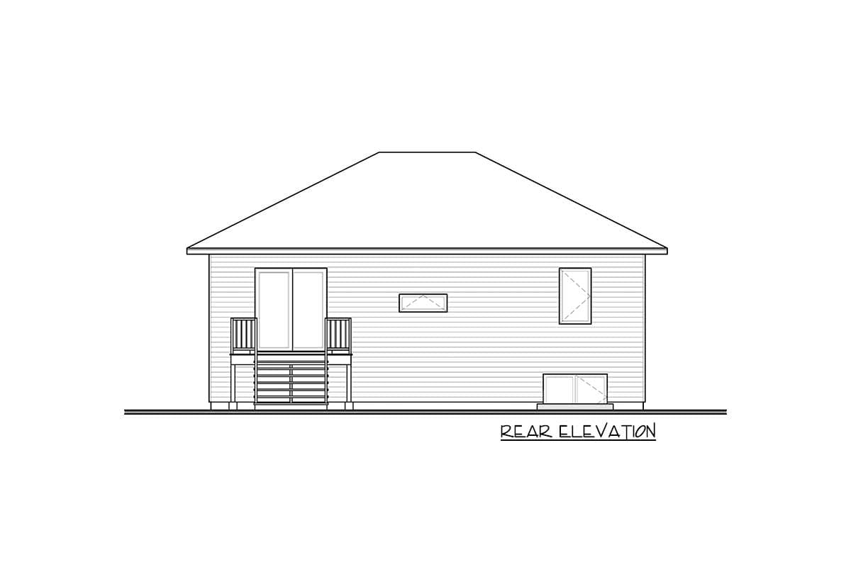 Rear elevation drawing of a house plan featuring double doors, stairs, deck railings, and three windows.