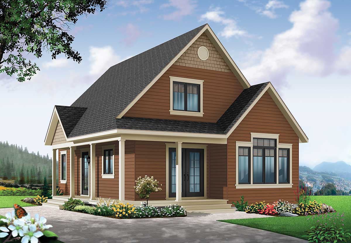 House plan exterior featuring a modern farmhouse style with a covered porch, prominent gables, and horizontal siding.