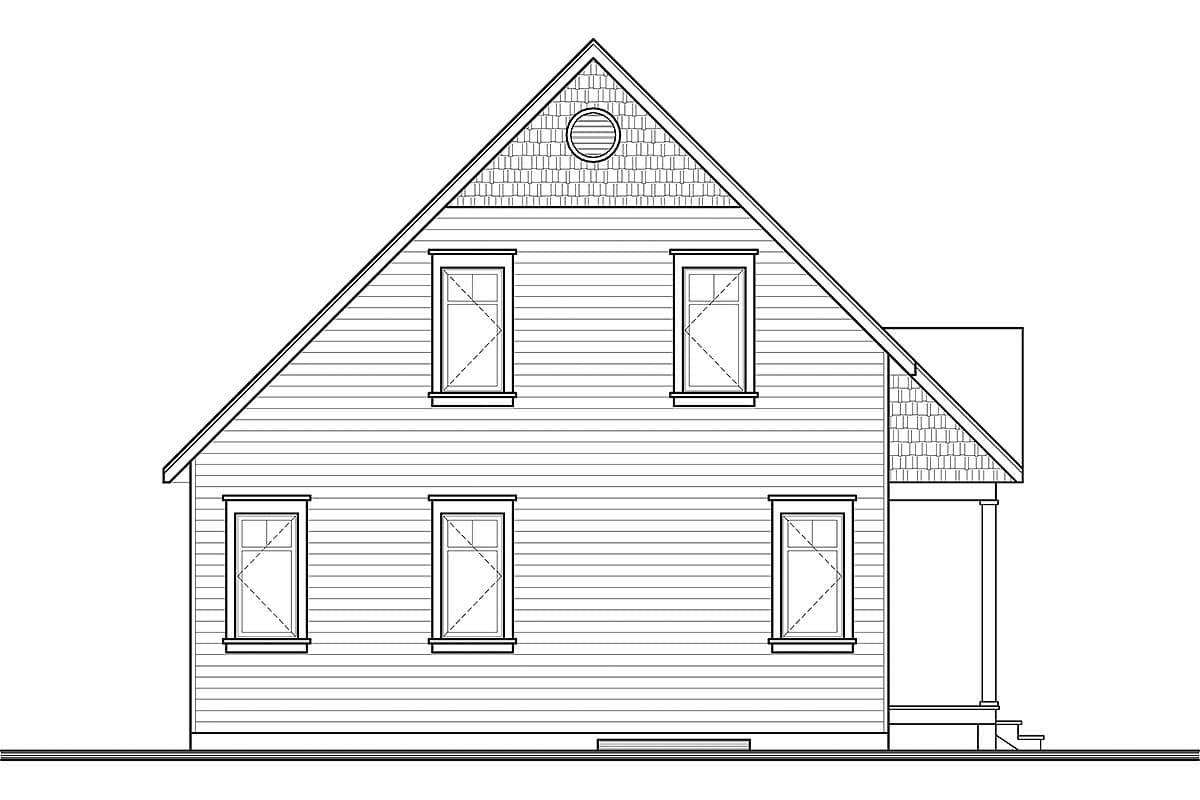House plan exterior drawing: two-story home with prominent gable, five windows, and a covered porch on the right side.