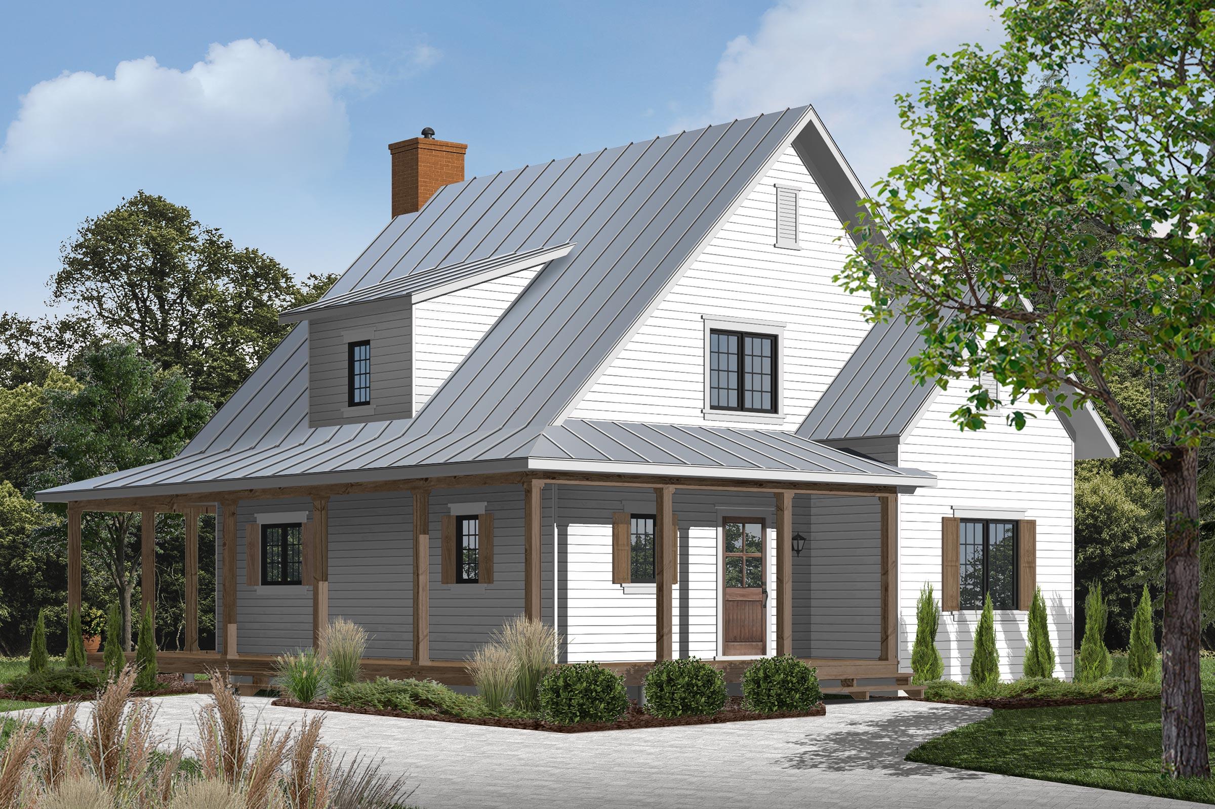 Modern Farmhouse house plan exterior with metal roof, wraparound porch, wood shutters, and dormer.