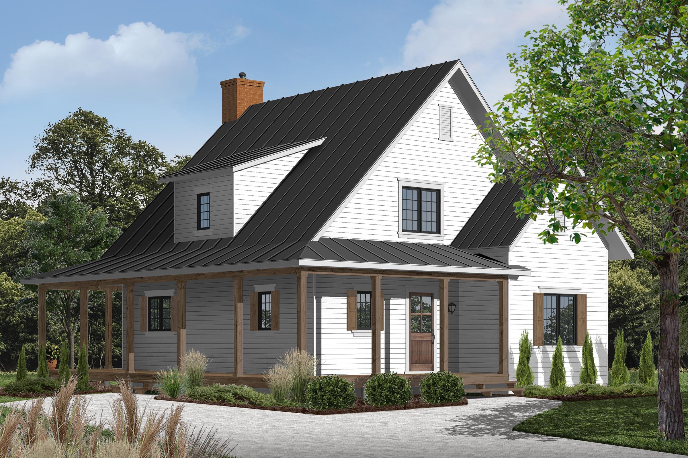 House plan exterior of a two-story Modern Farmhouse with a metal roof, wraparound porch, dormer, and brick chimney.