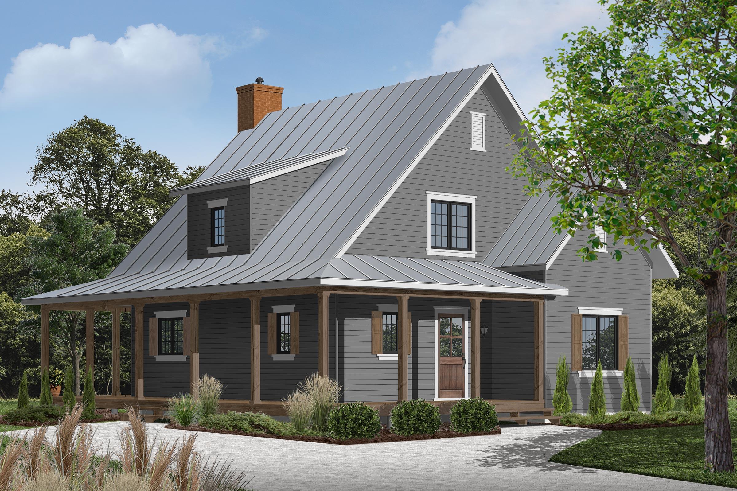 Plan 22357DR: Country Cottage House Plan with 3-Side Wrap Around Porch - 1617 Sq Ft - Image #4 - Cottage, Country, Farmhouse, Modern Farmhouse, New American