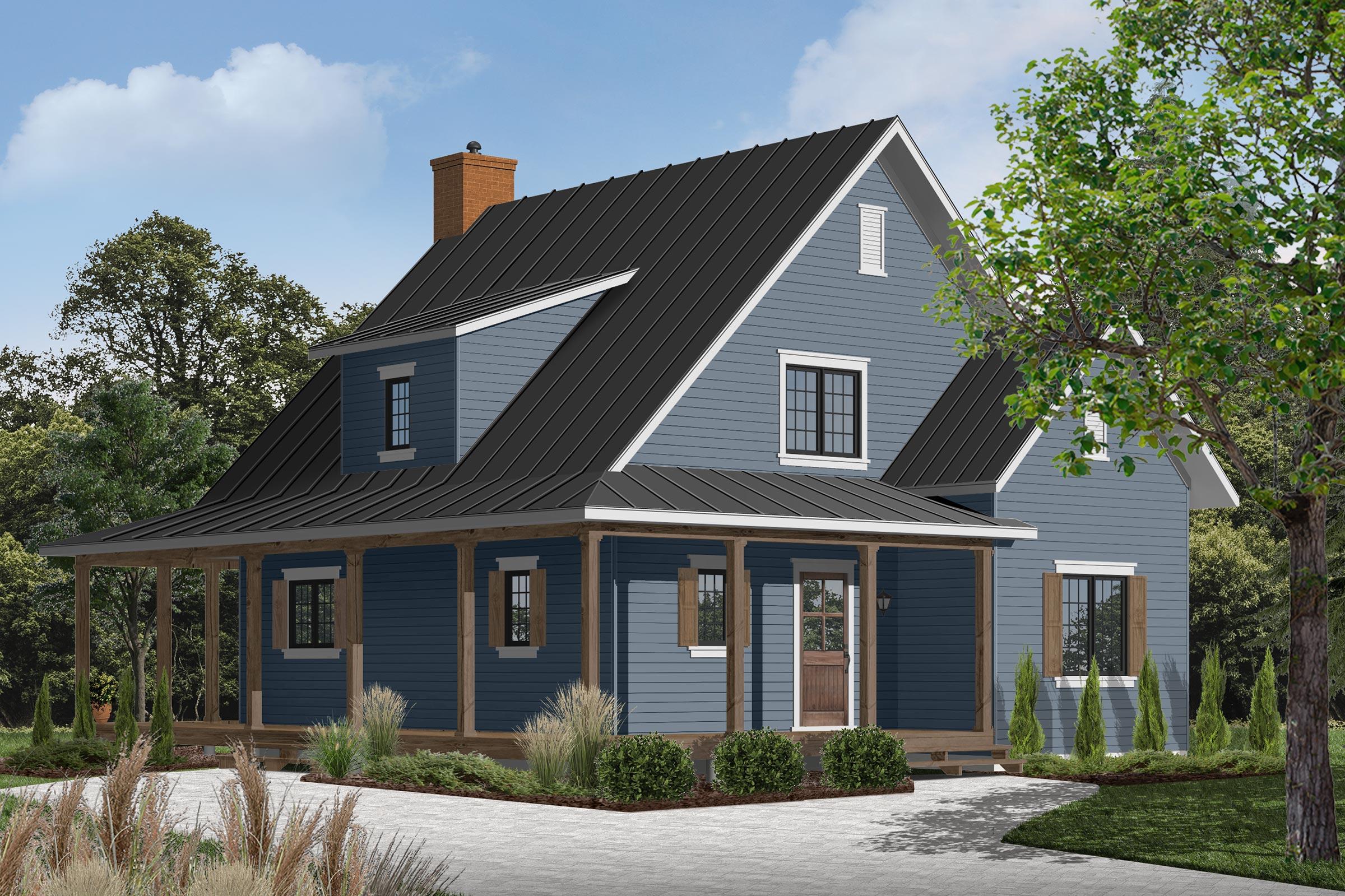 Plan 22357DR: Country Cottage House Plan with 3-Side Wrap Around Porch - 1617 Sq Ft - Image #5 - Cottage, Country, Farmhouse, Modern Farmhouse, New American