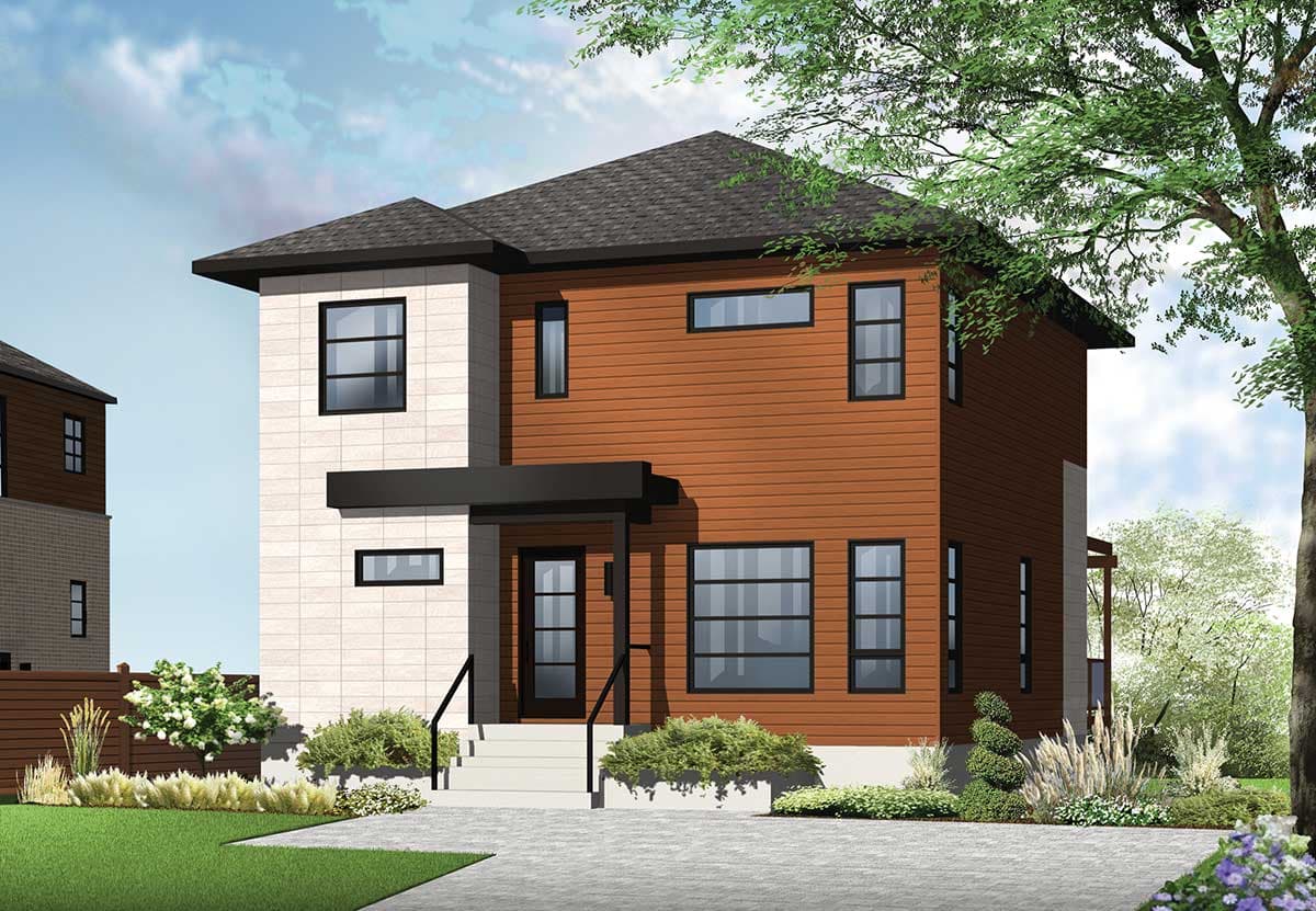 Two-story Modern house plan exterior with wood siding, stone facade, and multiple rectilinear windows.