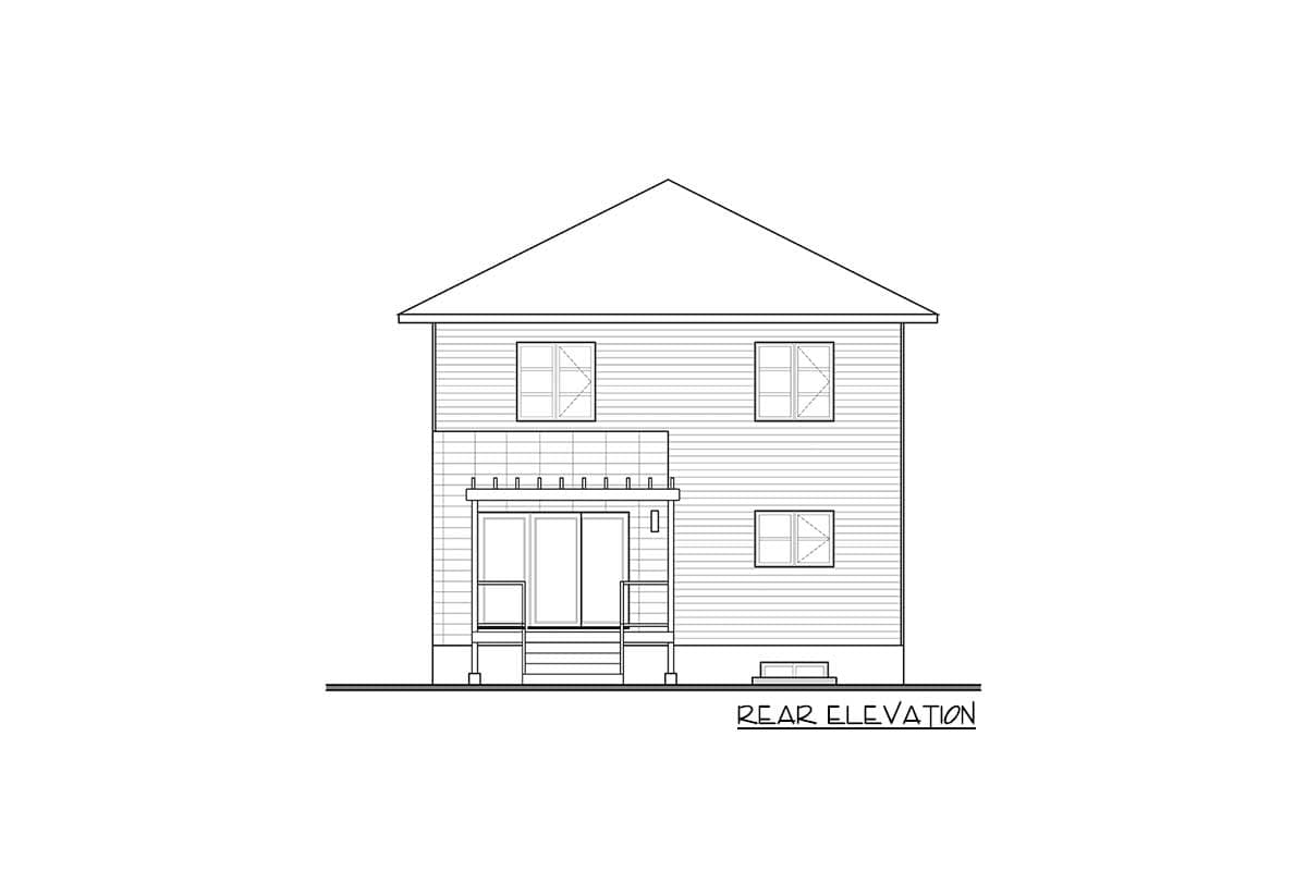 Rear elevation drawing of a two-story house with a gable roof, two upper windows, and a covered porch with double doors.