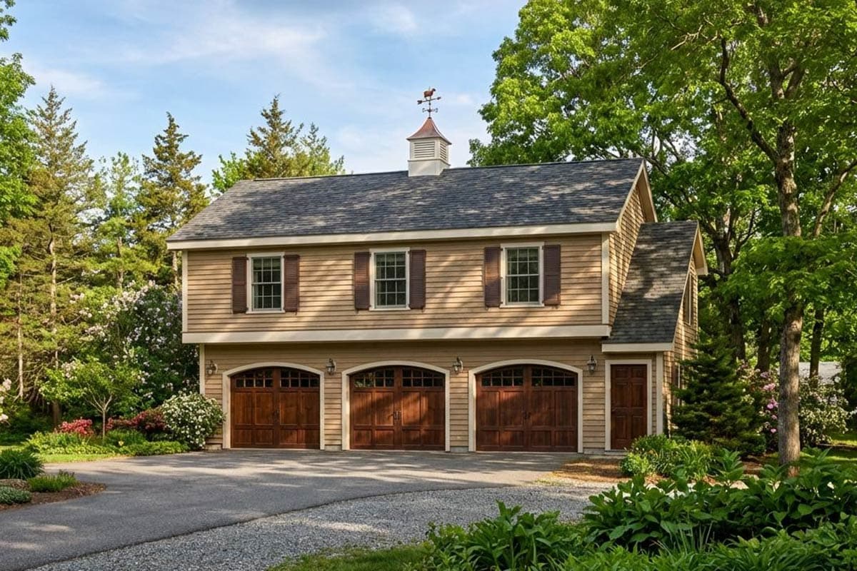 Garage ADU Exterior Two-story building with three arched garage doors below, clapboard siding, dormer windows, and a cupola with a weather vane.