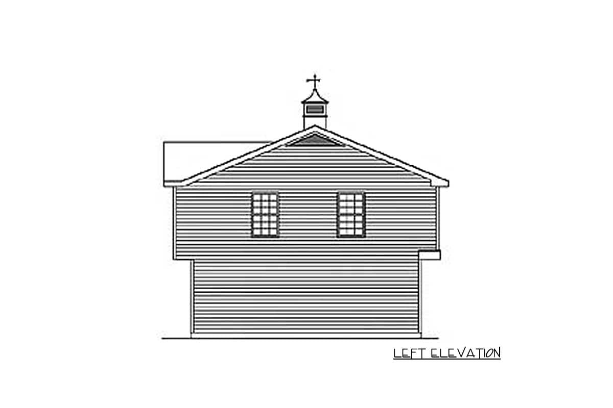 Left elevation drawing of a house plan with horizontal siding, two windows, and a cupola.