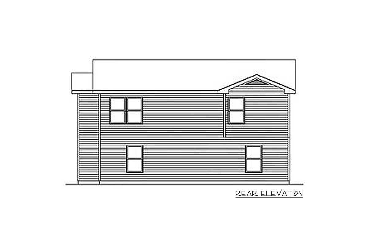 Rear elevation drawing of a two-story house with horizontal siding and four windows.