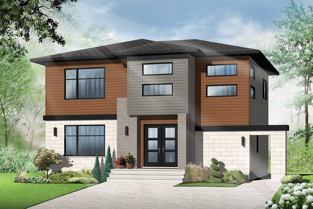 House plan exterior of a two-story modern home with wood siding, brick accents, and a hip roof.