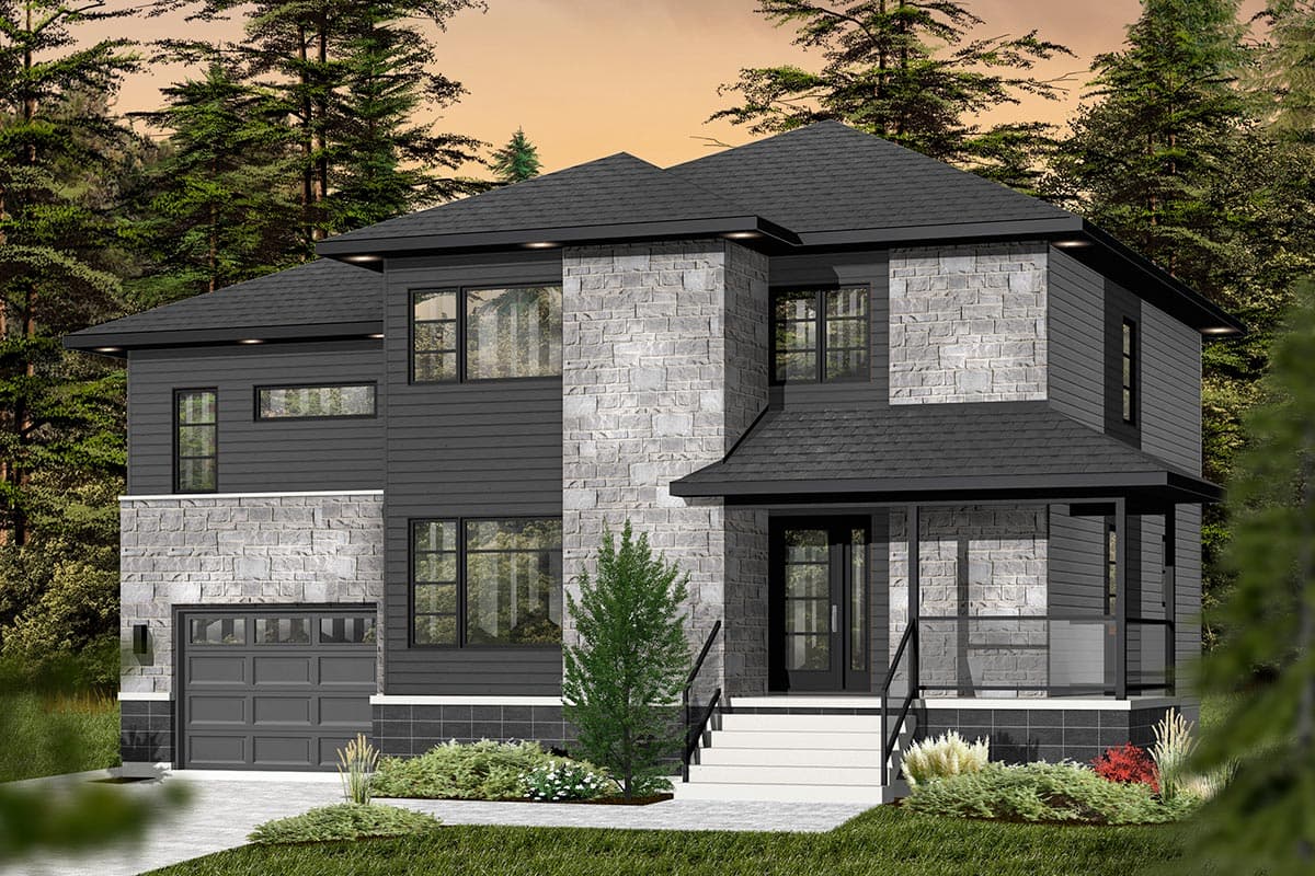 House plan exterior: two-story modern home with stone accents, dark siding, covered porch, and attached garage.