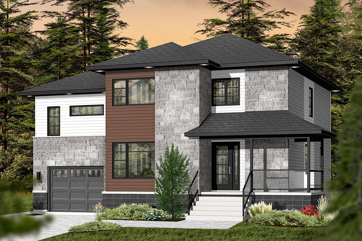 Modern two-story house plan exterior with stone siding, wood accents, prominent gables, and covered front porch with glass railing.