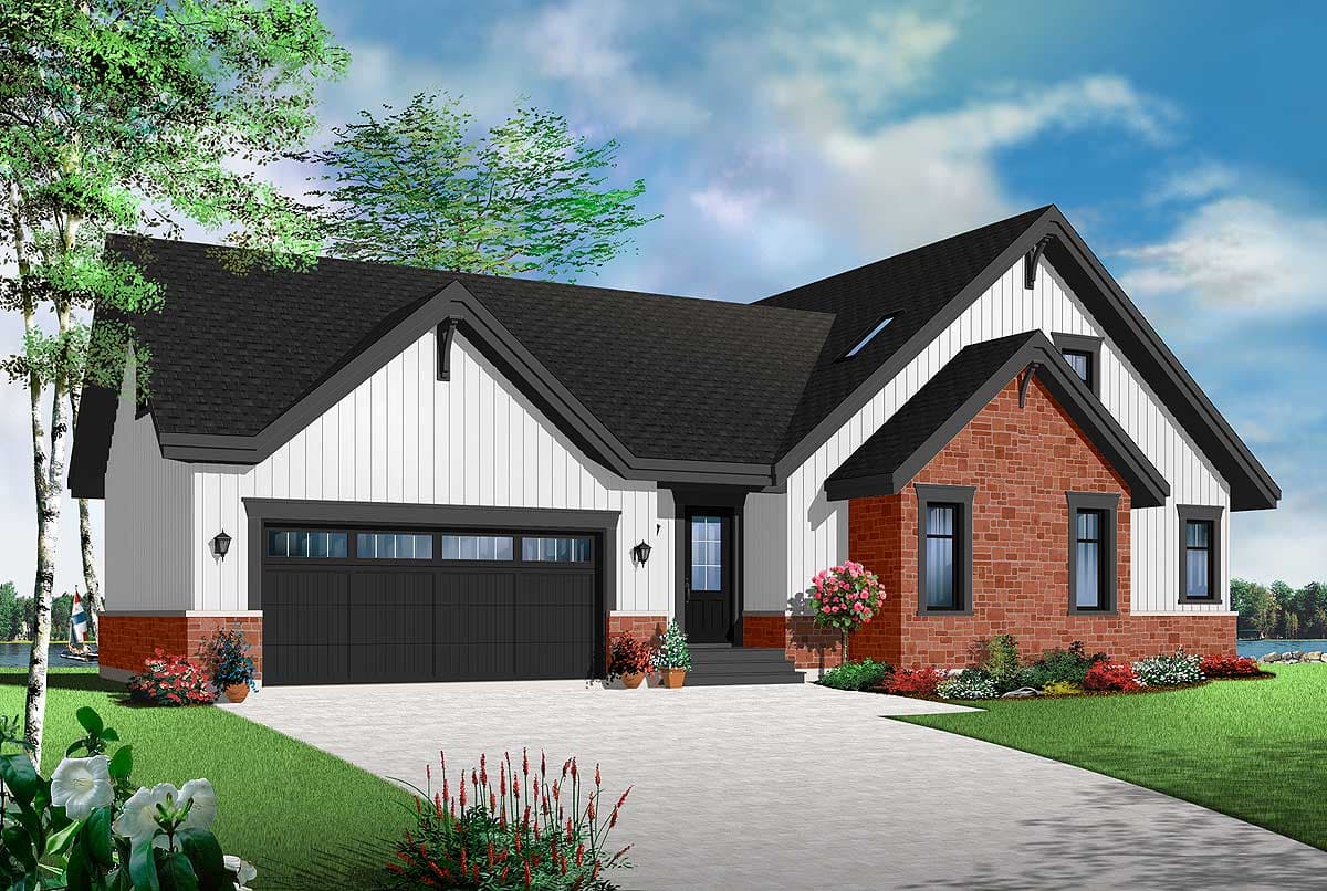 House plan exterior: Modern Farmhouse style, one story, white board and batten siding, brick accents, gable rooflines, attached garage.
