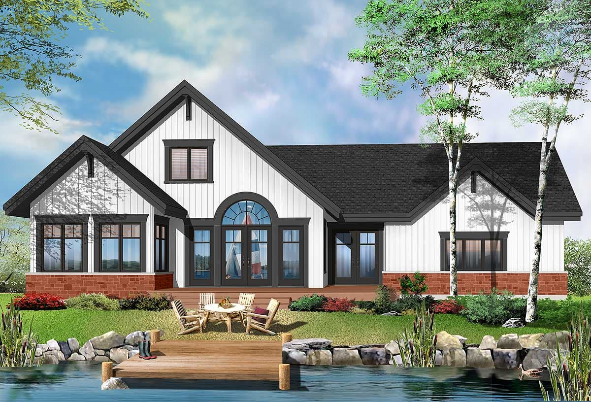 House plan exterior, modern farmhouse style, white vertical siding, brick foundation, gables, arched window above French doors.