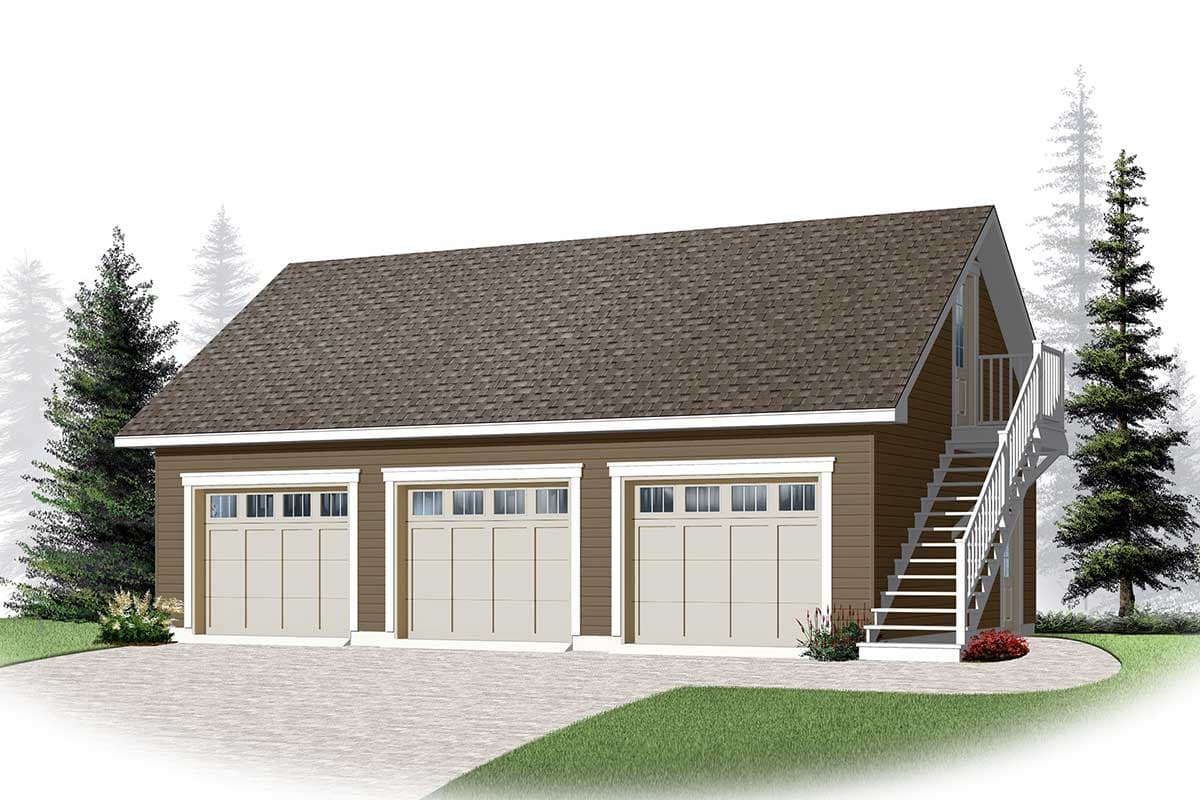 Three-car garage house plan exterior with asphalt shingle roof, brown siding, and exterior stairs to a second level.