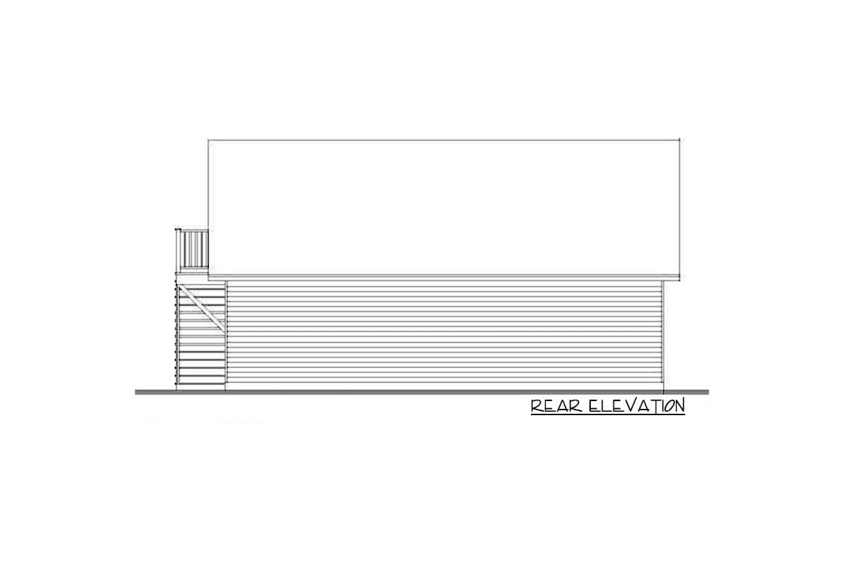 Rear elevation drawing of a house plan featuring a deck and horizontal siding.