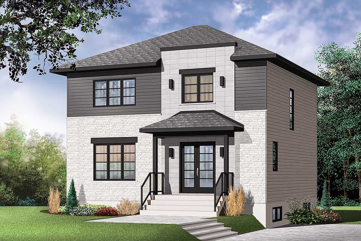 House plan exterior of a two-story modern home with white brick and grey siding, a covered entry, and a steeply pitched roof.