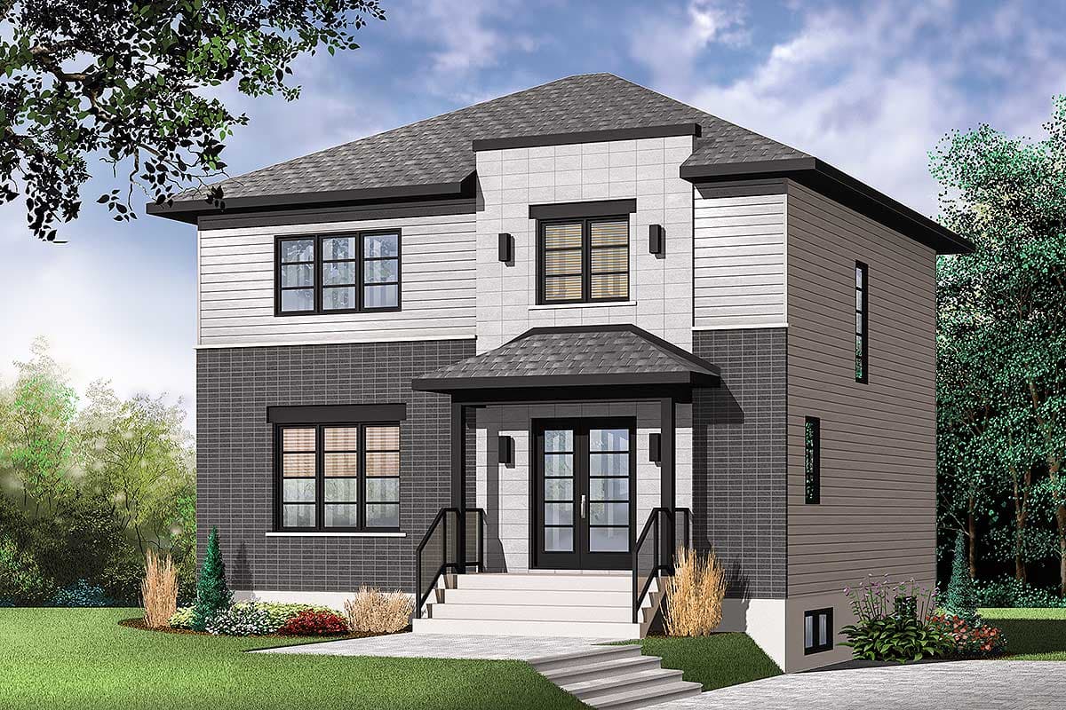 House plan exterior. Two-story contemporary design with a hipped roof, covered entry, and black-framed windows, plus dark brick and siding exterior.