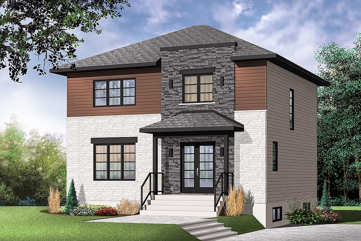 Two-story house plan exterior with white brick, wood siding, stone accents, and covered entry.