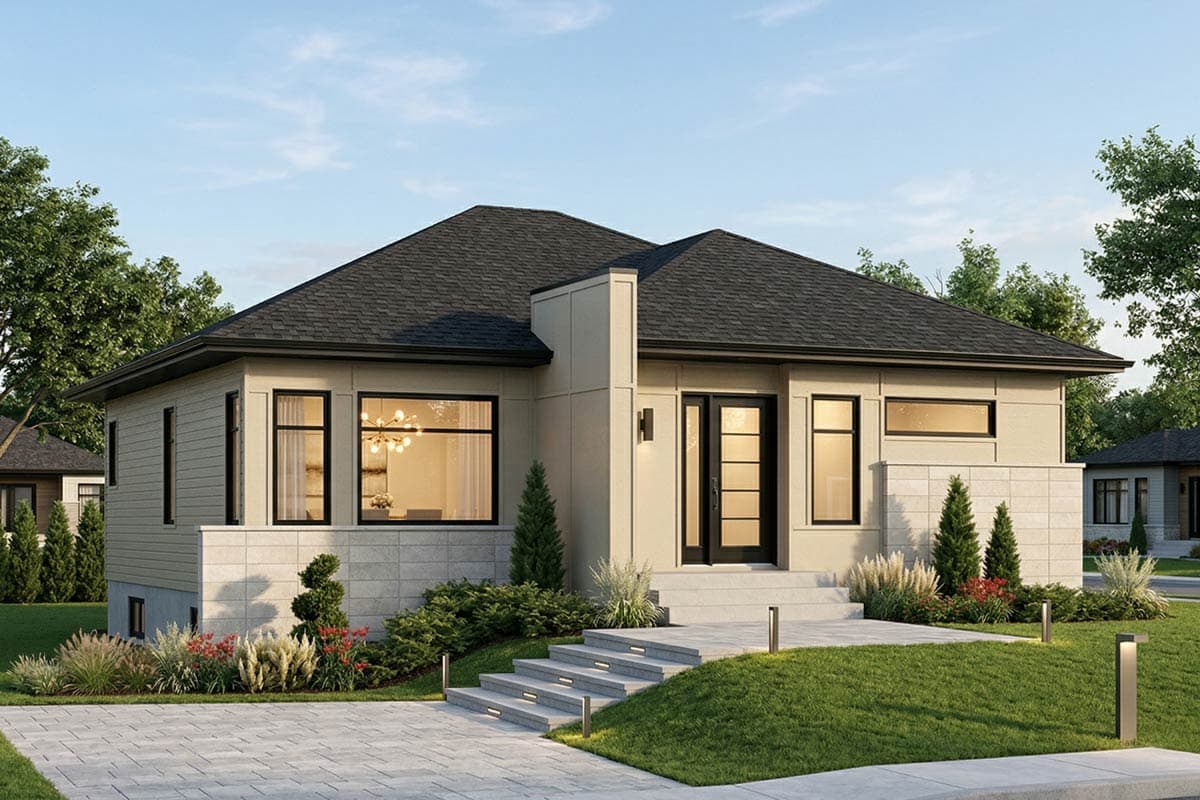 House plan exterior. One-story brick house with a low-slope roof, contrasting chimney, and a covered entry with steps.