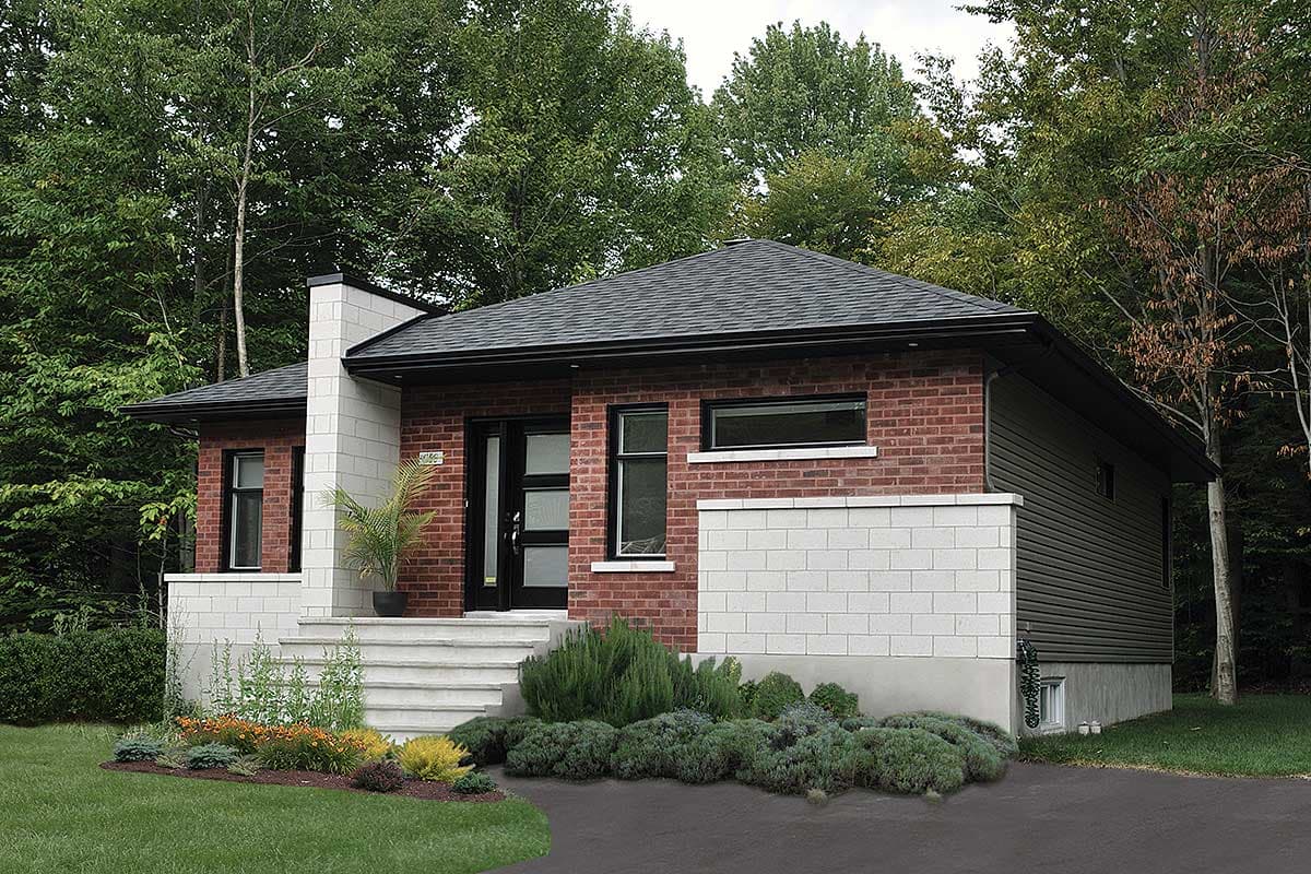 House plan exterior. One-story brick house with a low-slope roof, contrasting chimney, and a covered entry with steps.