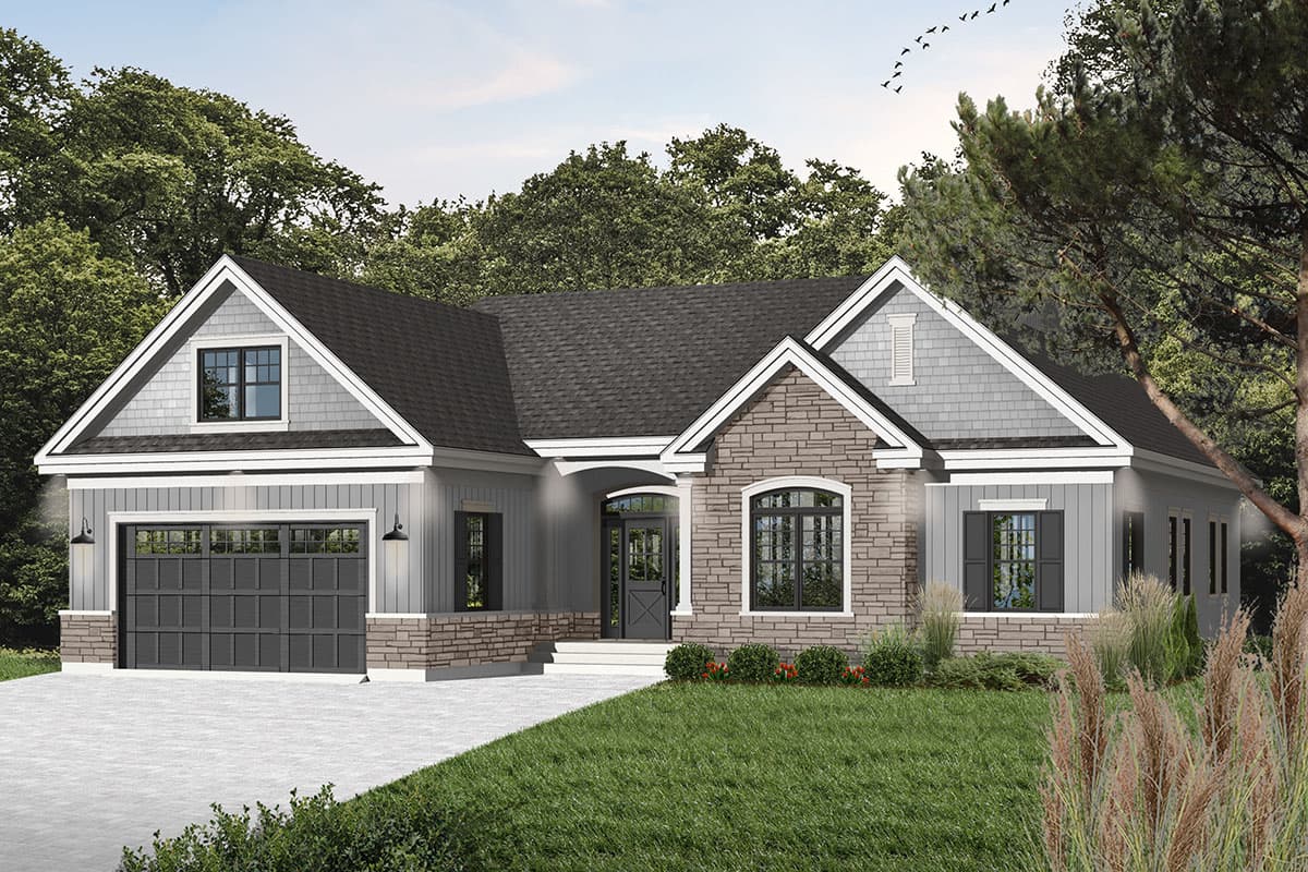 House plan exterior: One-story Modern Farmhouse with stone accents, gables, dormers, and side-entry garage.