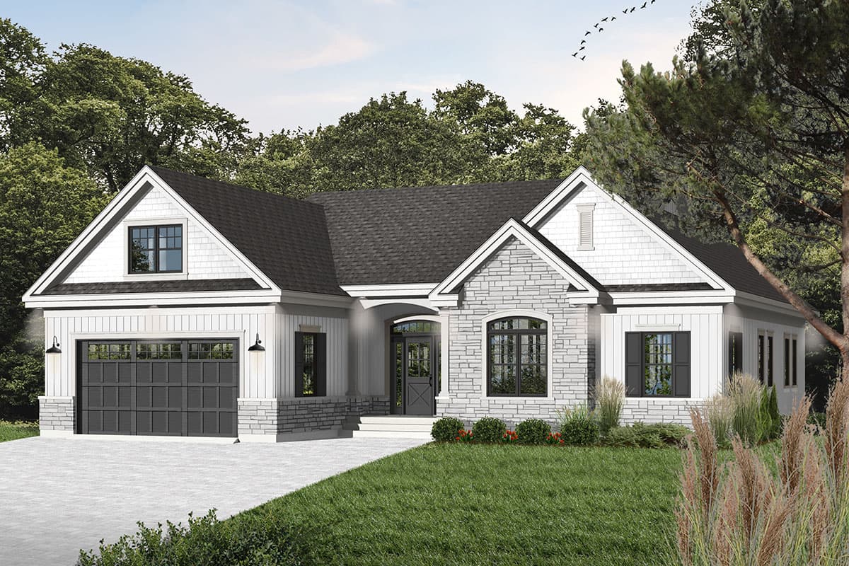 House plan exterior: One-story Modern Farmhouse with stone and shingle siding, gabled dormers, and a two-car garage.