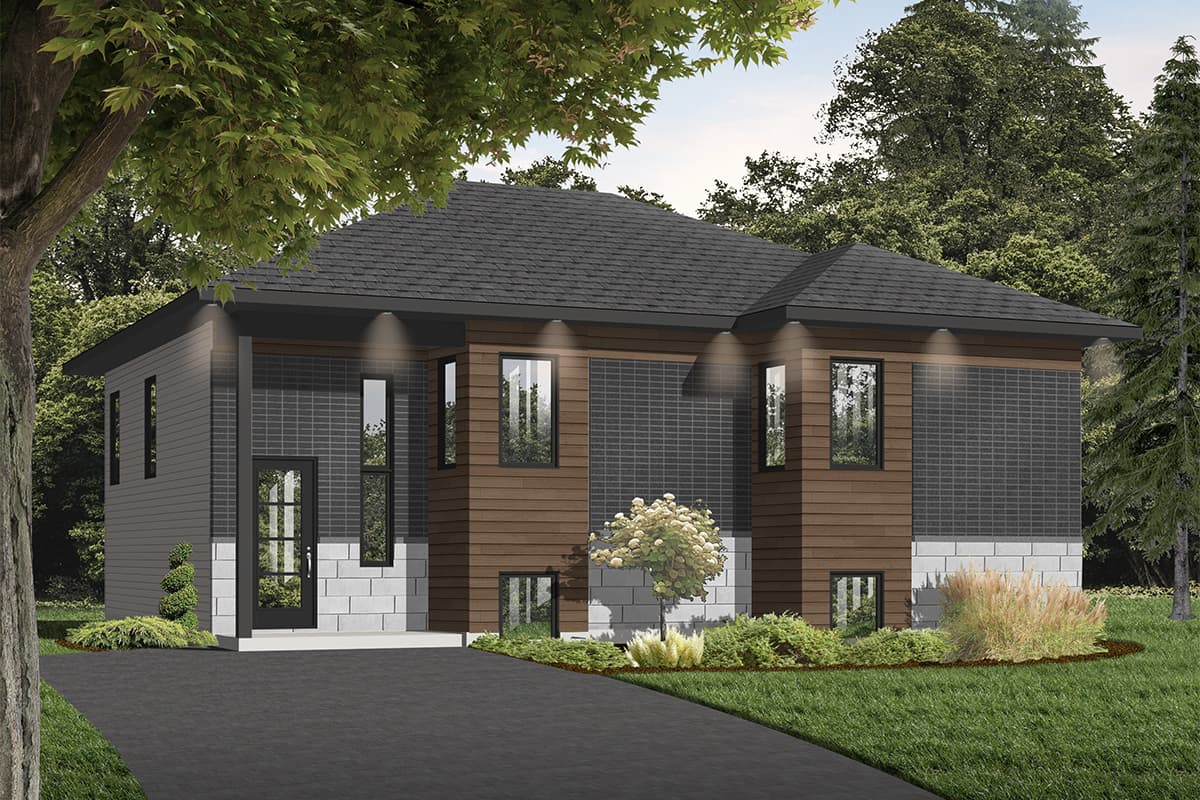 House plan exterior with mixed siding, dark gabled roof, and modern vertical windows. Two stories visible.