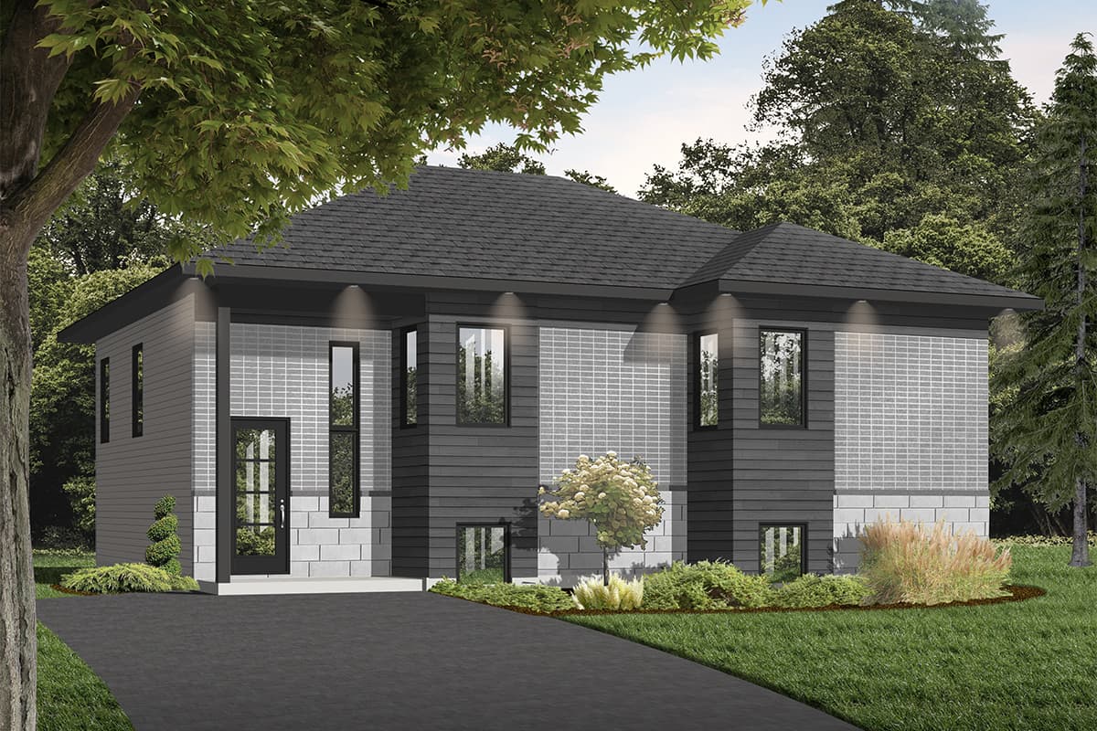 Modern house plan exterior with dark horizontal siding, light brick accents, and a covered entryway with glass-paned door.