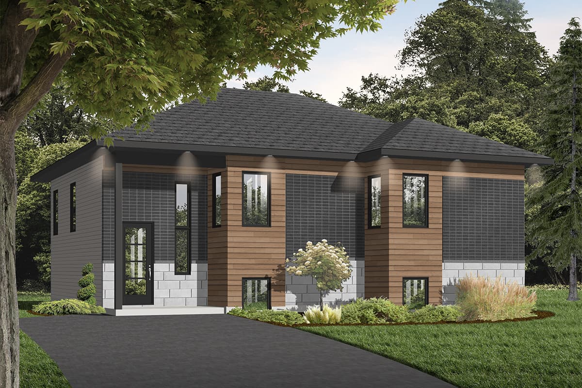House plan exterior shows a two-story modern home with dark brick, wood siding, and a gabled roof.