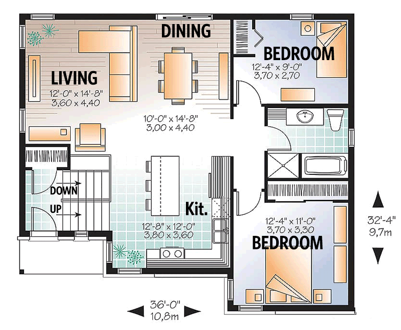 Plan 22368DR: Split Level Contemporary House Plan with 2 Beds - 1040 Sq Ft - Floor Plan - Main Level - Contemporary, Ranch