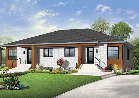 House plan exterior of a two-unit dwelling with modern design, white brick facade, wood accents, and gabled roof.