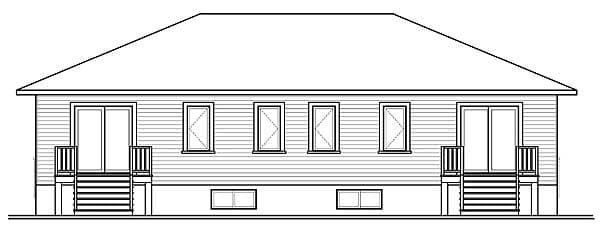 House plan rear elevation: single-story, symmetrical design with two exterior staircases, double sliding doors, and multiple windows.