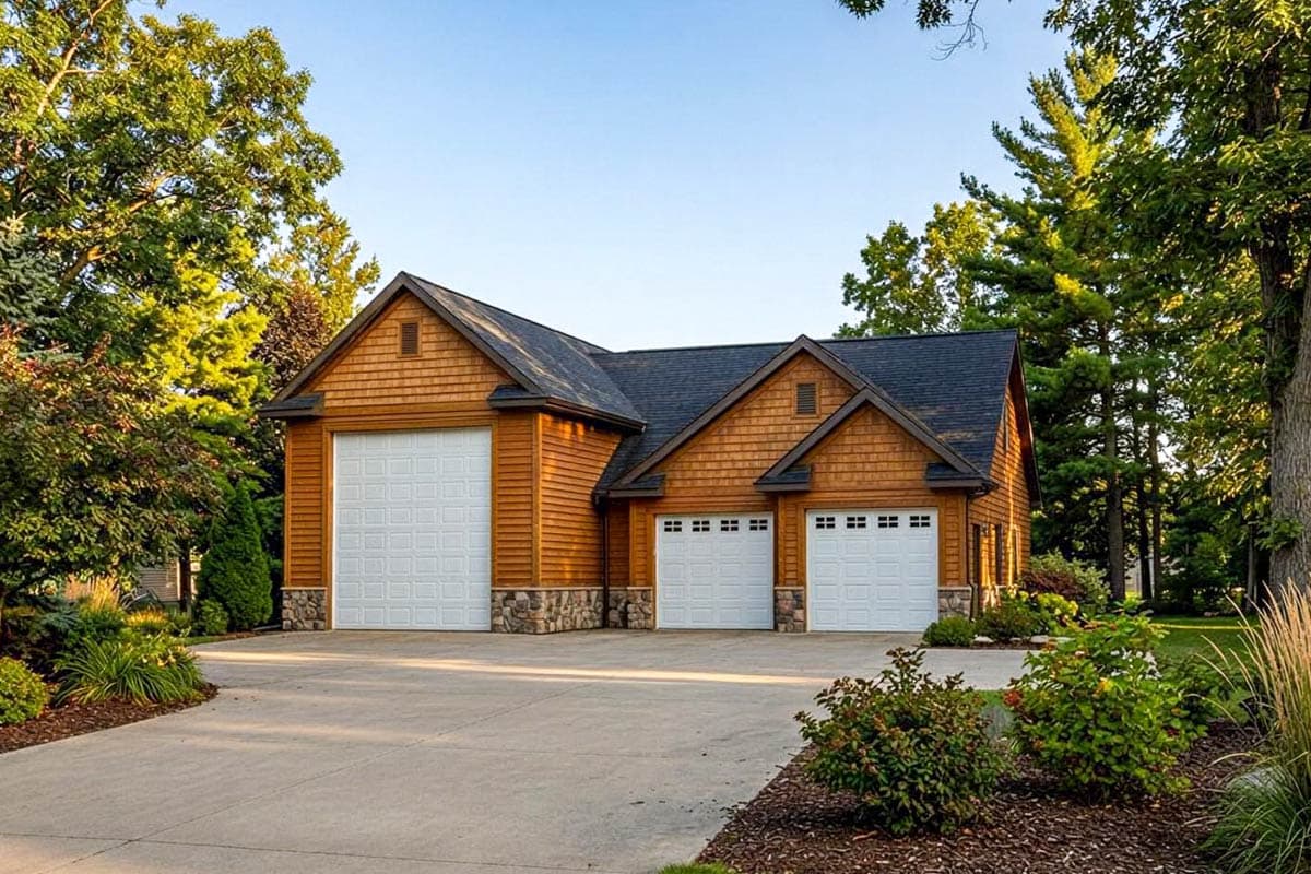Detached garage plan exterior features a wooden shake facade with a large single garage door and two smaller garage doors.