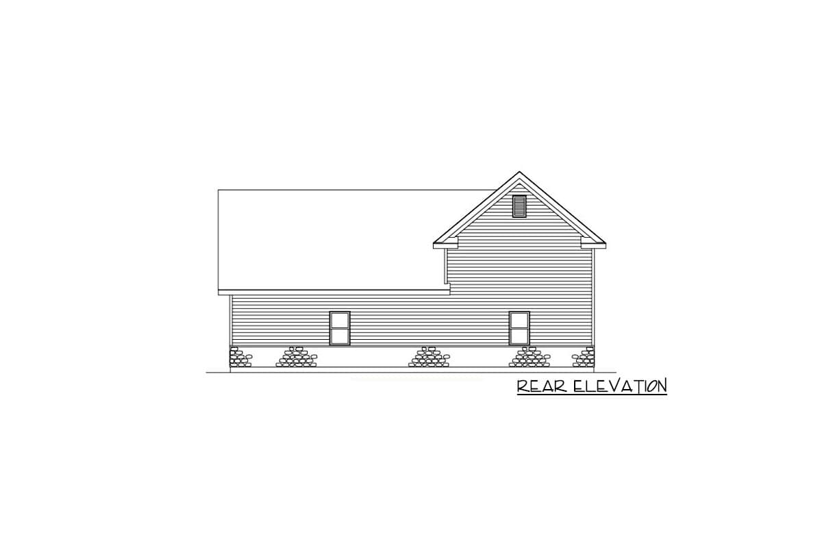 Rear elevation drawing of a house plan featuring horizontal siding, two windows, a gable with a vent, and stone foundation.