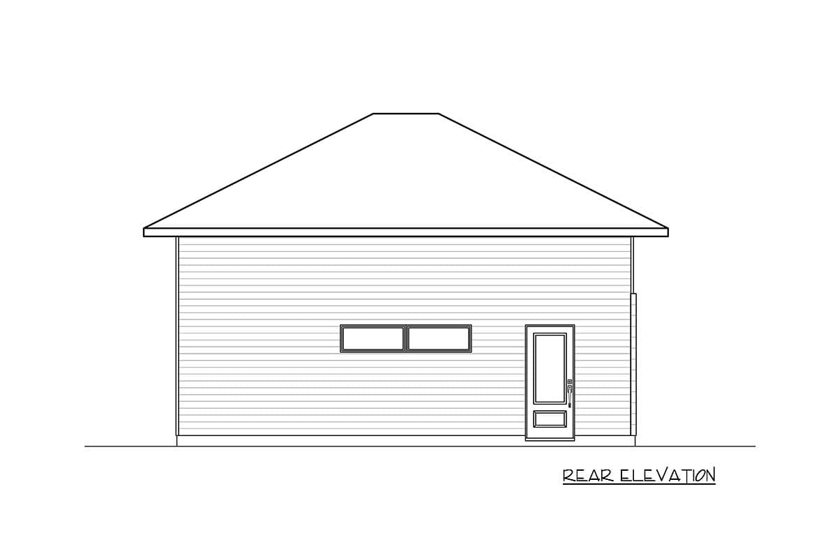 Rear elevation drawing of a house plan with horizontal siding, a single door, and two horizontal windows under a hip roof.