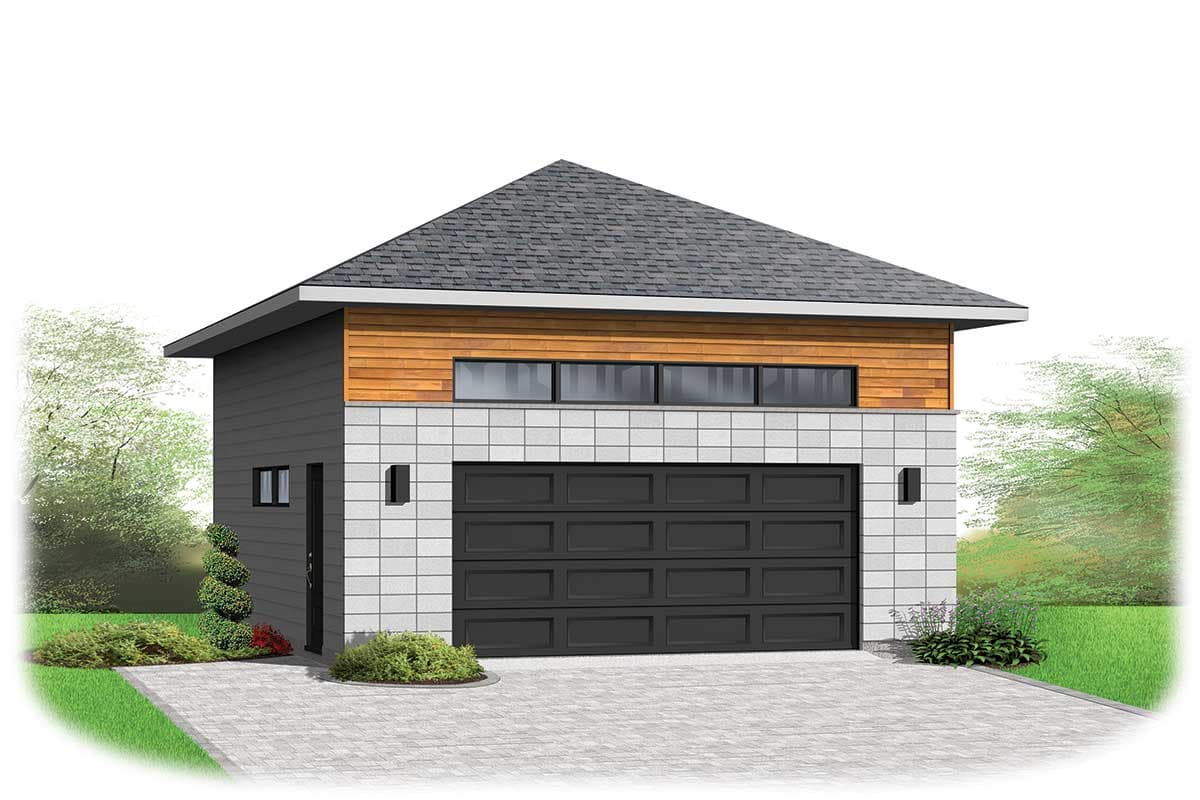 House plan exterior. Two-story building with a gable roof. Features include wood siding, a garage door, and a modern aesthetic.