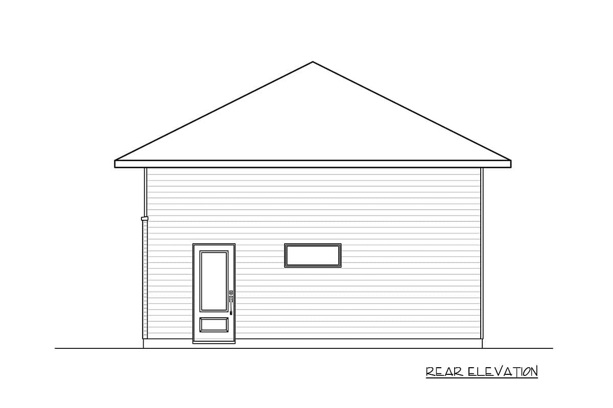 Rear elevation drawing of a house plan with horizontal siding, a door, and a rectangular window.