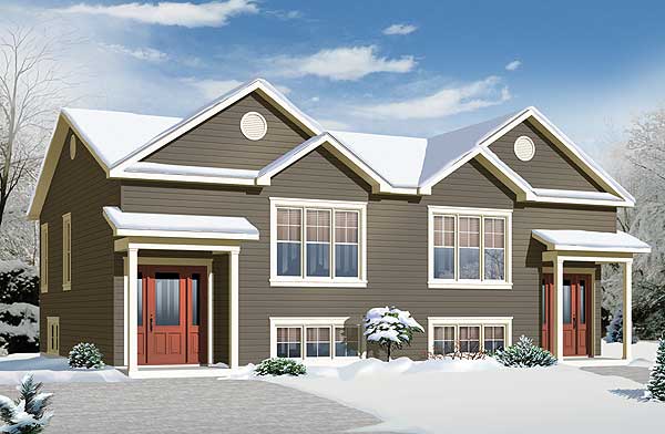 House plan exterior rendering of a two-story home with symmetrical gables, two covered porches, and multiple windows.