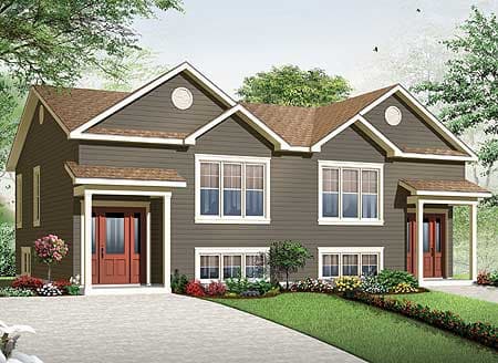 House plan exterior of a two-story duplex with gabled roofs, front-facing dormers, and covered entryways.