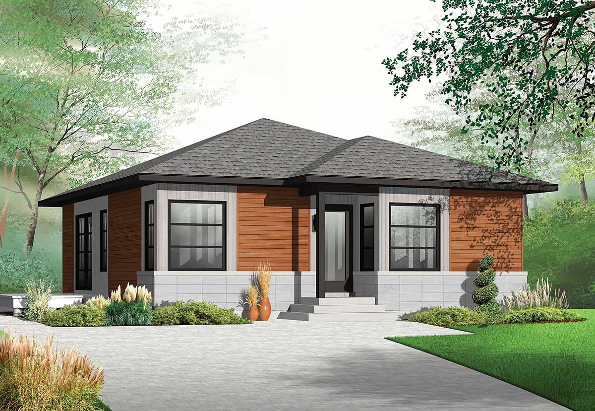 Modern ranch house plan exterior with wood siding, stone base, and large windows.