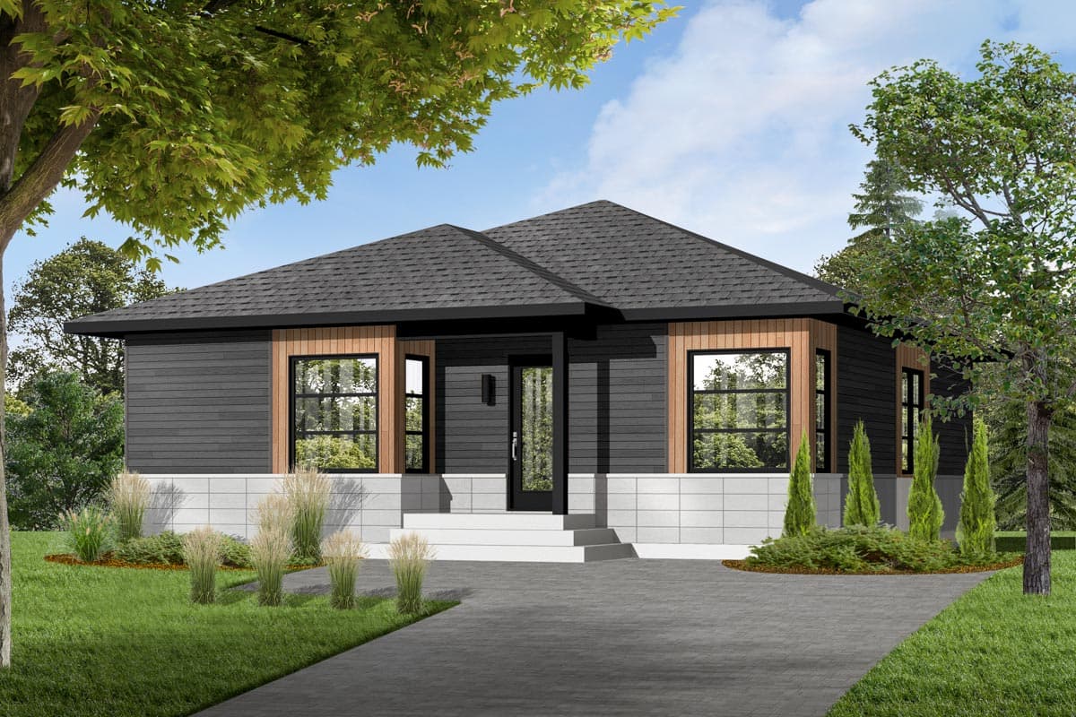 House plan exterior. Modern style, single-story home with a low-slope roof, wood-framed windows, and a covered porch. Black siding with wood accents.