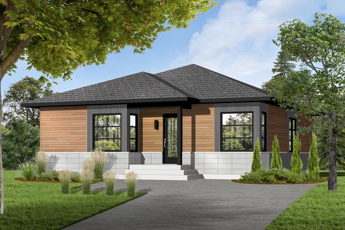 Modern single-story house plan with wood and stone siding, a covered entry, and large windows.