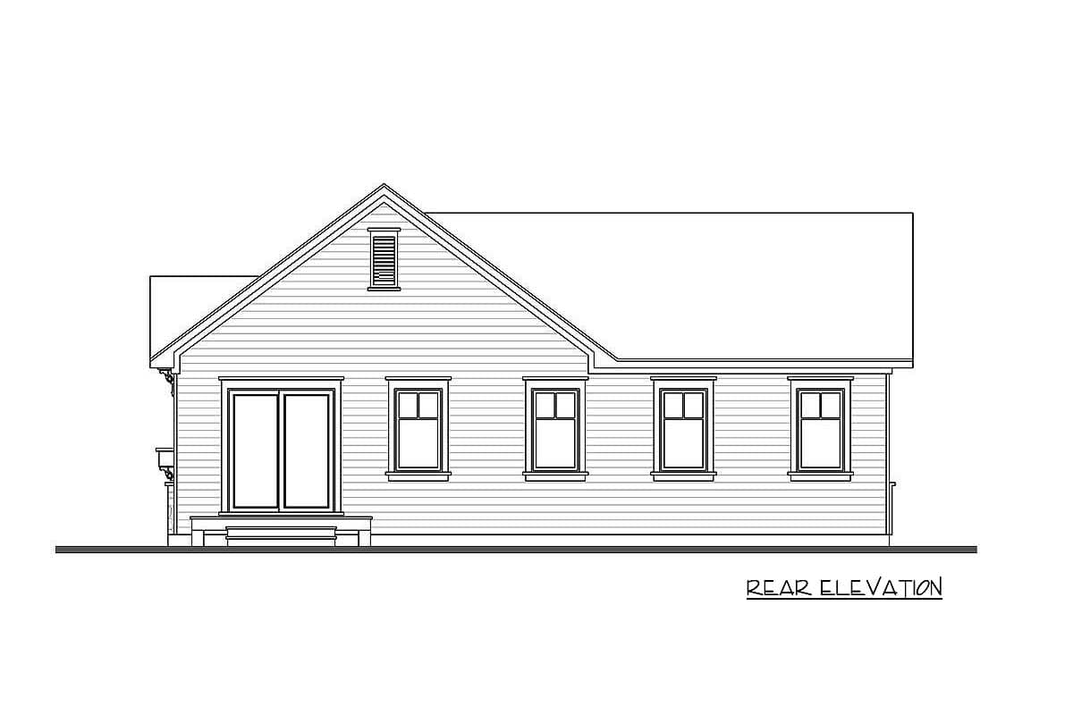 Rear elevation of a one-story house plan with horizontal siding, gable vent, double sliding doors, and five windows.