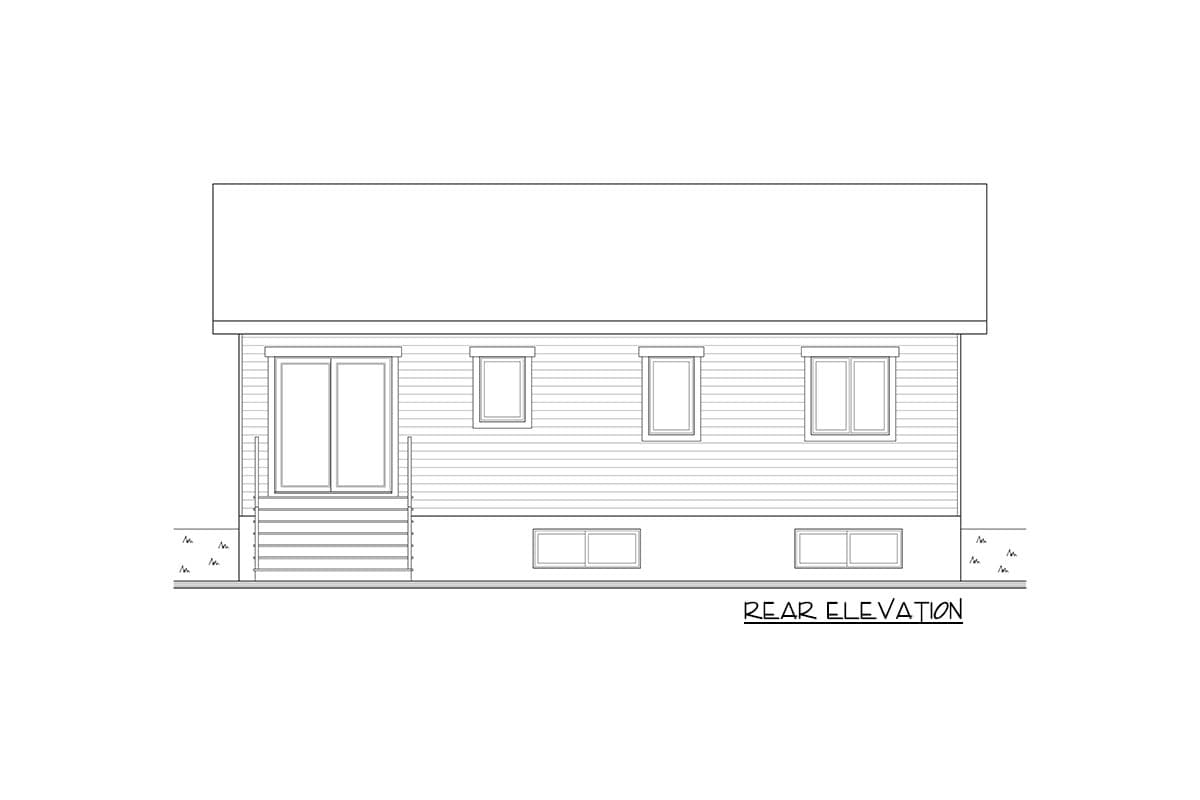 Rear elevation drawing of a house plan with sliding doors, stairs, and four windows on the main level and two small windows on the lower level.