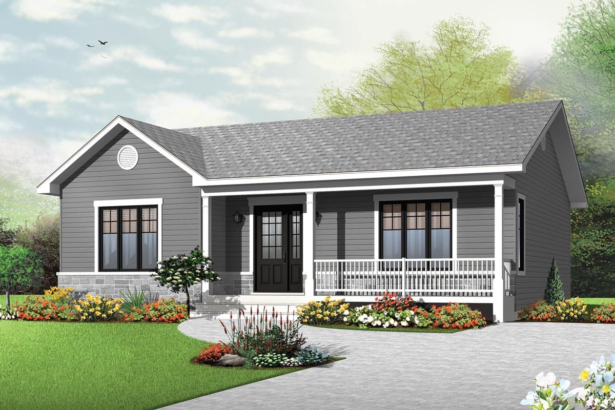 House plan exterior of a one-story dwelling with a covered front porch, double front doors, and stone accents.
