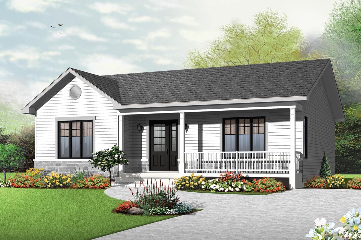 House plan exterior: One-story Modern Farmhouse with covered front porch, double entry doors, gabled roof, and stone accents.