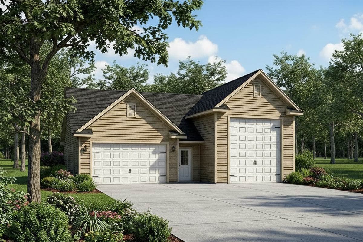 House plan exterior with a side-facing entrance, two garage bays, gabled rooflines, and green siding.