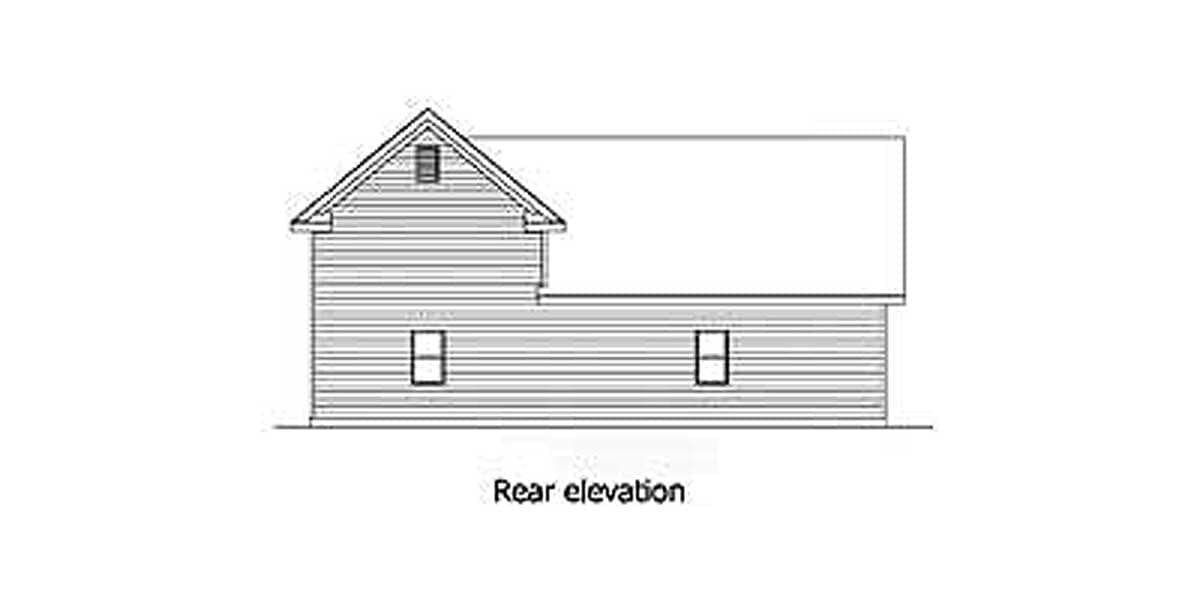 Rear elevation drawing of a house plan showing horizontal siding, two windows, and a gable roof with a dormer.