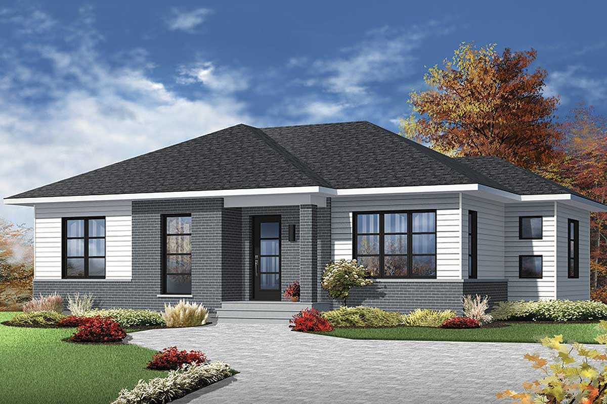 House plan exterior: Ranch style, one story, with gray brick and white siding, a dark roof, and large windows.